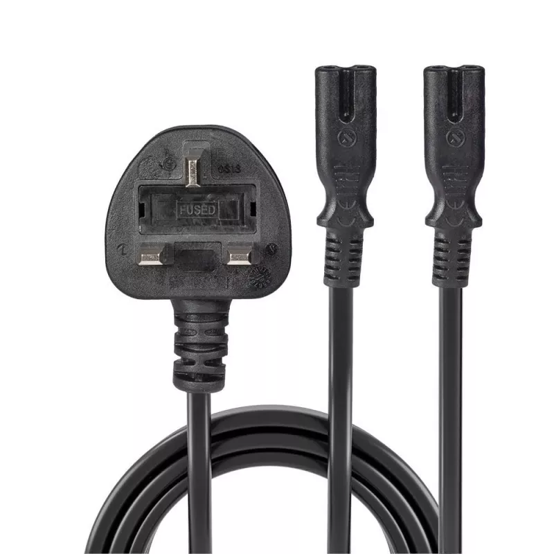 Lindy 2,5 m UK konektor typ G na 2x IEC C7 rozbočovací predlžovací kábel, čierny