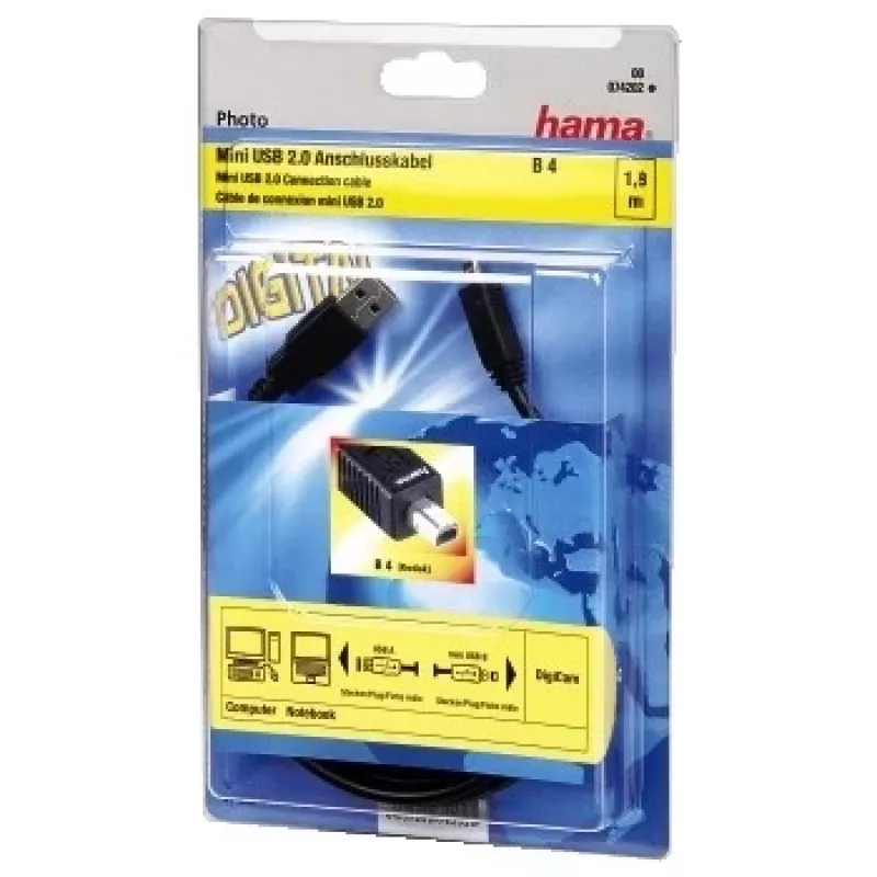 Hama USB 2.0 kábel USB-A konektor samec - Mini-USB-B konektor samec (B4), 1,8 m USB kábel USB A Mini-USB B čierny