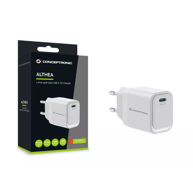 CONCEPTRONIC ALTHEA19W45 1-port 45W GaN USB-C PD nabíjačka s PPS, PD 3.0, 100–240V, biela