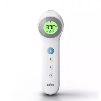 Digitálny čelný teplomer BRAUN BNT400 — bezkontaktné meranie, rozsah 34–43 °C, presnosť 0,1 °C, biela