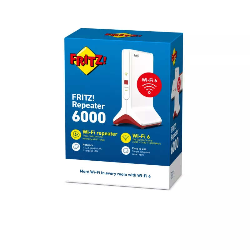 Wireless Range Extender AVM FRITZ!Repeater 6000 Edition International — Tri-Band 6000 Mbit/s, 2x LAN, biela