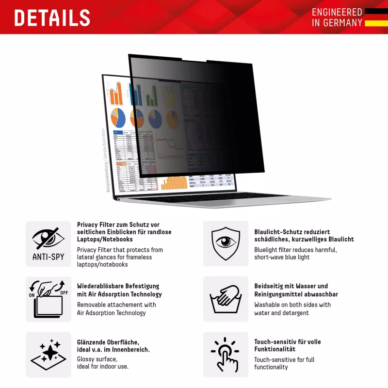 Displex PRIVACY SAFE odnímateľný 2-cestný filter súkromia pre laptop/notebook (bezrámikový/frameless) 14'' (16:9)