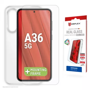 Tvrdené sklo ochranná fólia displeja + puzdro pre Samsung Galaxy A36 od e.v.i., Eco montážny rámik, odolná proti škrabancom, transparentná