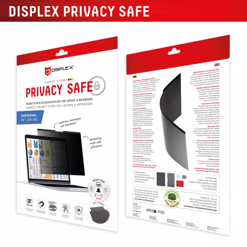 Súkromný filter e.v.i. Displex PRIVACY SAFE magnetický 2-smerný pre 16 palcový (16:10) laptop / notebook, bezrámový, lesklý/matný, 3H
