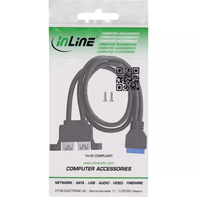 InLine 33390K Interný USB 3.2 Gen 1 kábel, základná doska na 2x USB-A konektor samica, 0,45 m