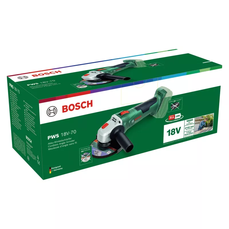 Bosch uhlová brúska PWS 18V-70 (Bare-Tool, 125 mm, Karton), 10000 ot/min, 12,5 cm, batéria, 2 kg