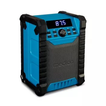 Prenosné digitálne rádio MEDION LIFE E65895 (MD 43895) — PLL tuner, 10 W RMS, LCD, Bluetooth 10 m, IP54, externá anténa, čierna/modrá