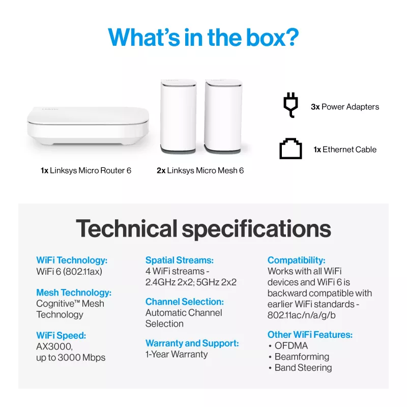 Linksys Velop Micro 6 Mesh systém – dvojpásmový WiFi 6 AX3000 (balenie 3 ks)