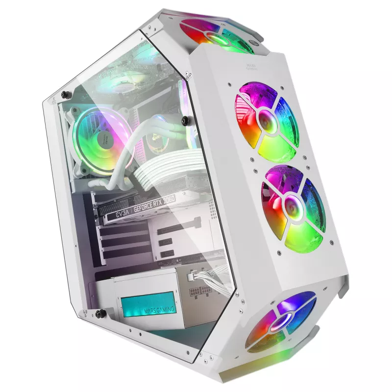 Mars Gaming MC51W biela PC Gaming ATX skriňa s dvojitým tvrdeným sklom, 5x RGB 12cm ventilátor