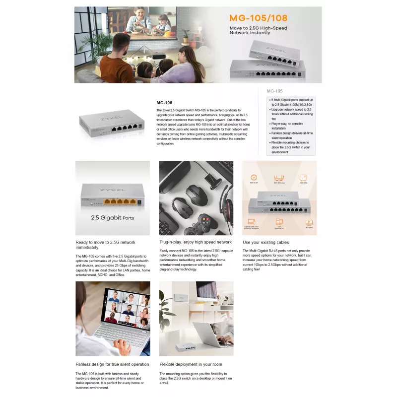 Zyxel MG-105 nespravovaný 2.5G Ethernet (100/1000/2500) oceľ