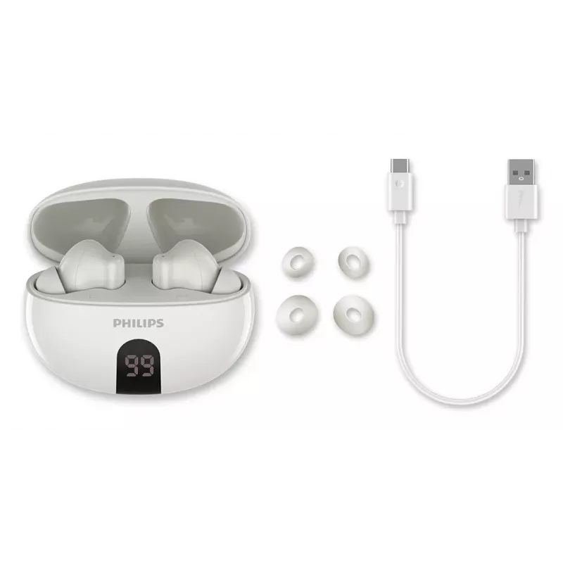 Bezdrôtové in-ear slúchadlá Philips TAT2520WT/00 — Bluetooth, na hovory a hudbu, 20–20000 Hz, dosah 10 m, biela, 40 g