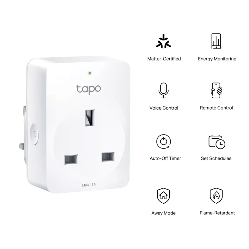 Smart zásuvka TP-Link Tapo Mini P110M – Wi‑Fi/Bluetooth inteligentná interiérová zásuvka, 16 A, 100–240 V, 3680 W, biela