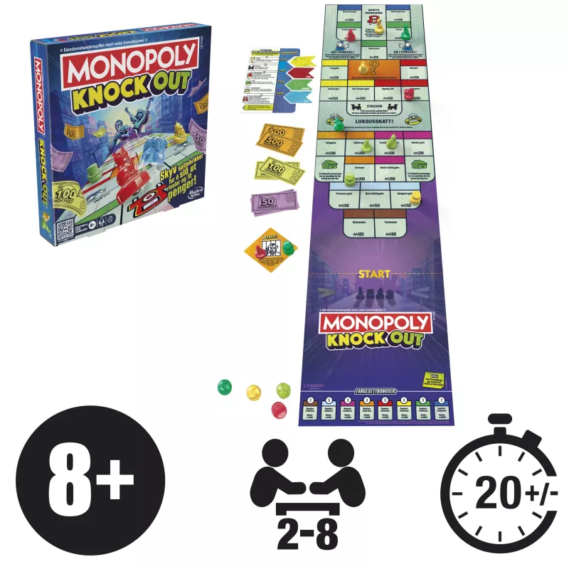 Monopoly Knockout rodinná hra, rýchle spoločenské hry pre vek 8+, 2–8 hráčov, 20 min.