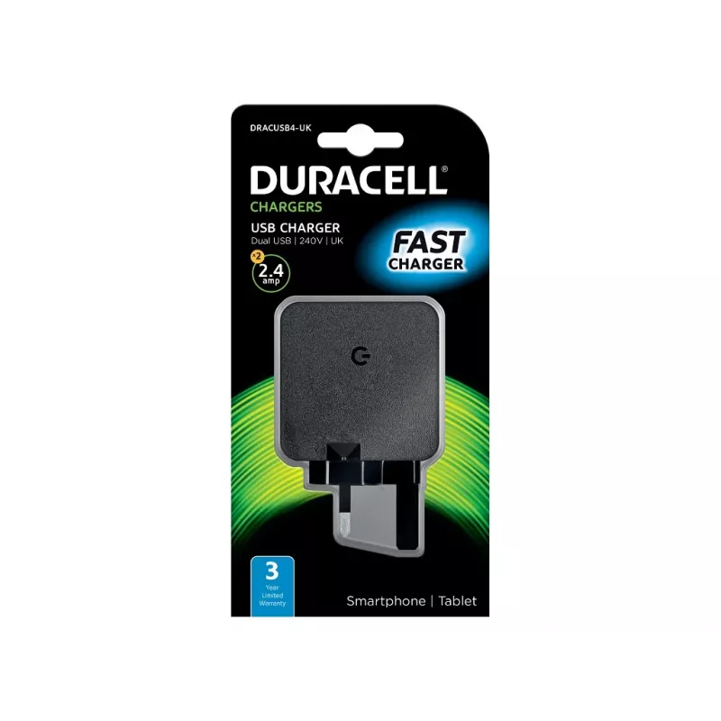 Duracell 2x2,4A USB nabíjačka na telefón/tablet, interiérová, AC, 5 V, čierna