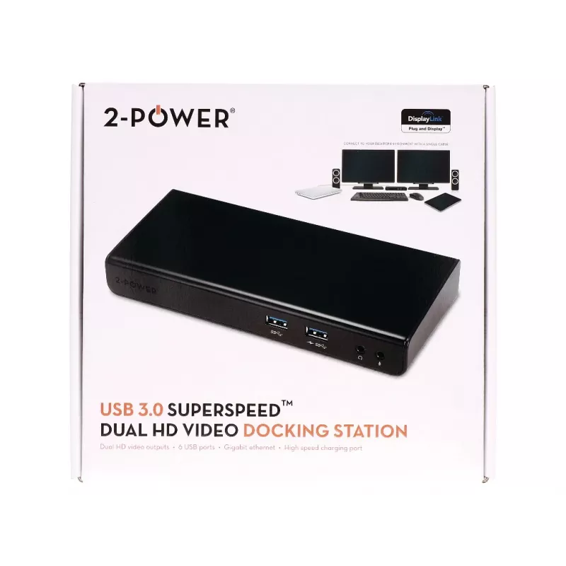 2-Power USB 3.0 Dual Display dokovacia stanica, dokovanie, 3,5 mm, USB Type-A, USB Type-B, 10,100,1000 Mbit/s, čierna, 5 Gbit/s