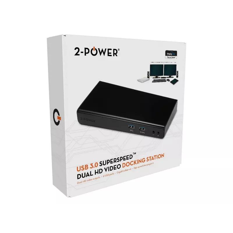2-Power USB 3.0 Dual Display dokovacia stanica, dokovanie, 3,5 mm, USB Type-A, USB Type-B, 10,100,1000 Mbit/s, čierna, 5 Gbit/s