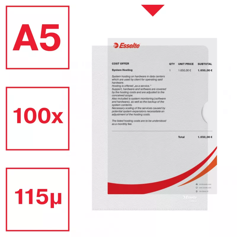 Esselte Premium A5-mapa, projektová mapa, A5, polypropylén (PP), transparentná, na výšku, 40 listov