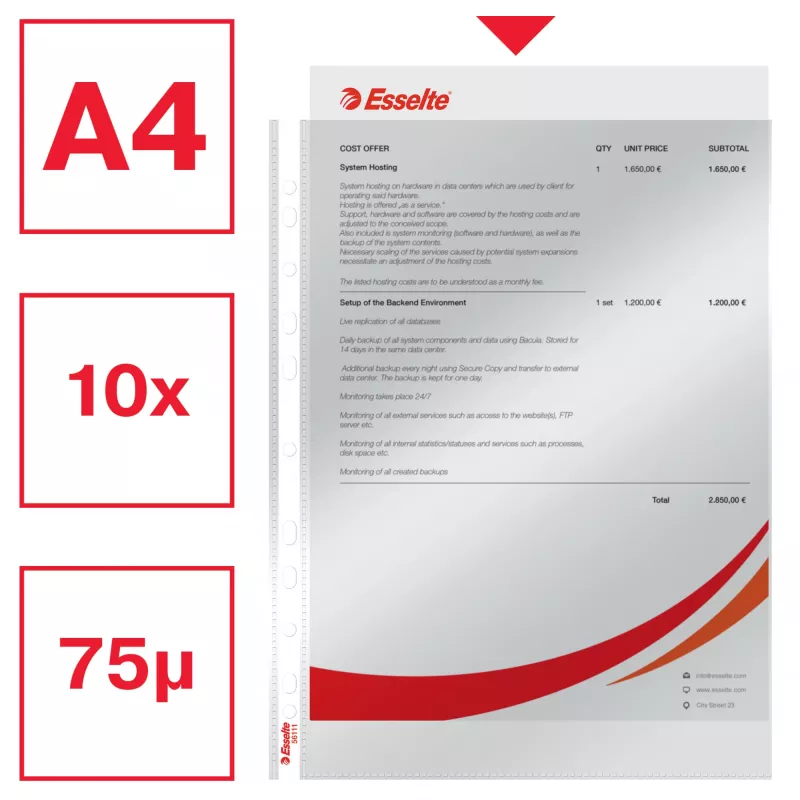 Esselte Pocket 75my A4, 210 x 297 mm (A4), priehľadný, polypropylén (PP), na výšku, hore, 0,075 mm