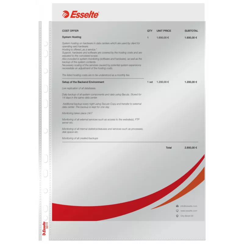 Esselte Pocket 75my A4, 210 x 297 mm (A4), priehľadný, polypropylén (PP), na výšku, hore, 0,075 mm