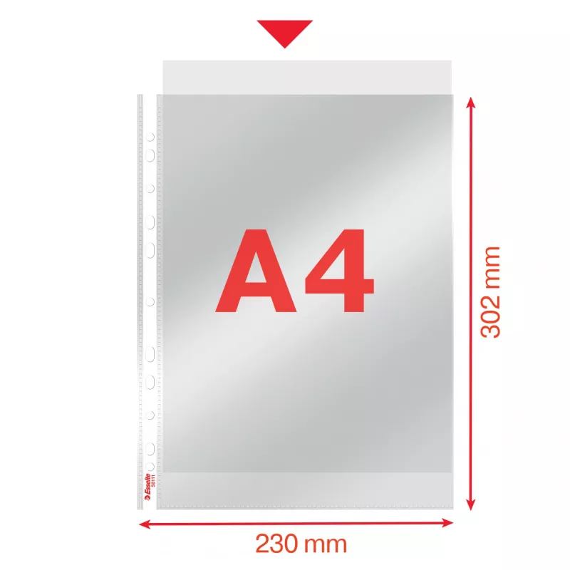 Esselte Pocket 75my A4, 210 x 297 mm (A4), priehľadný, polypropylén (PP), na výšku, hore, 0,075 mm