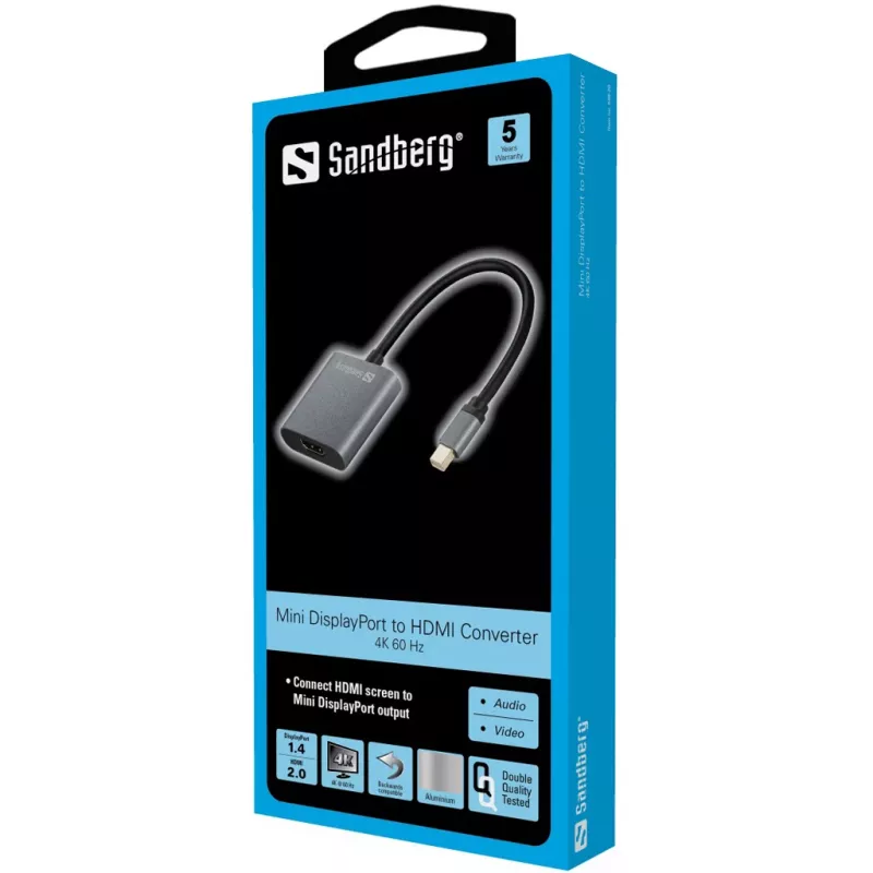 Sandberg adaptér MiniDP1.4>HDMI2.0 4K60, Mini DisplayPort, HDMI Type-A (štandard), konektor samec, konektor samica, 3840 x 2160 pixelov, 6 Gbit/s