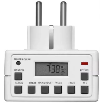 Smart zásuvka MicroConnect GRUTIMER3 — interiérové časové relé s LCD, 110×81×78 mm, biela