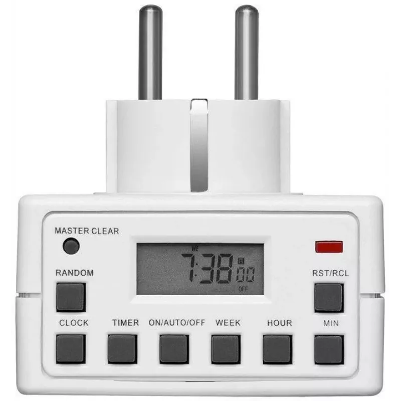 Smart zásuvka MicroConnect GRUTIMER3 — interiérové časové relé s LCD, 110×81×78 mm, biela