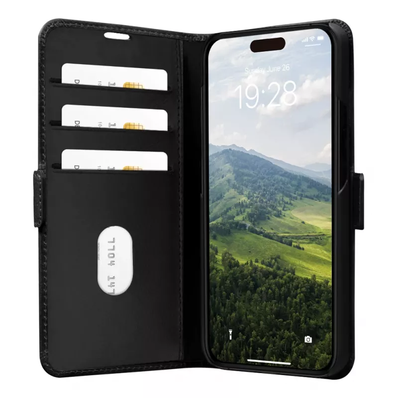 Puzdro s klopou dbramante1928 iPhone 15 Pro Max čierne 3 priehradky na karty