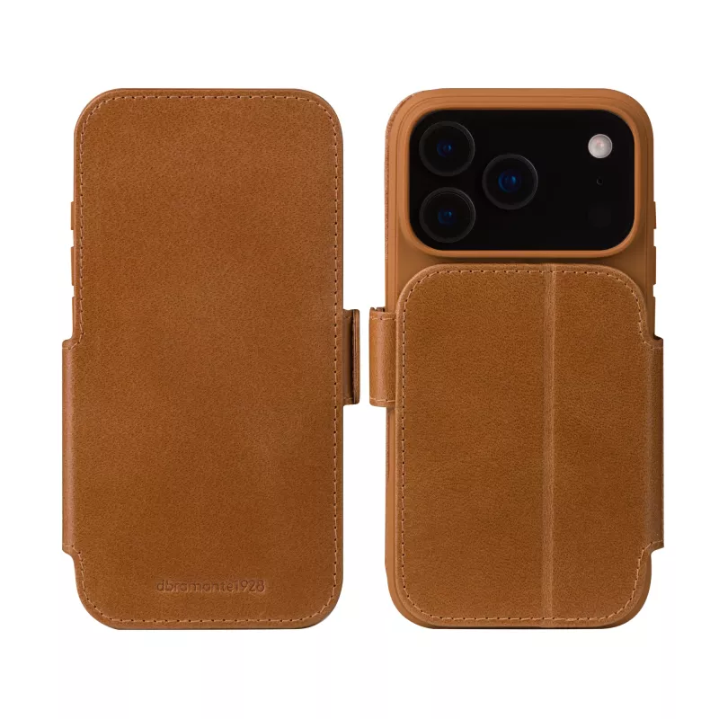dbramante1928 Copenhagen Flip puzdro zo zrnitej kože pre iPhone 17 Pro Max, tan