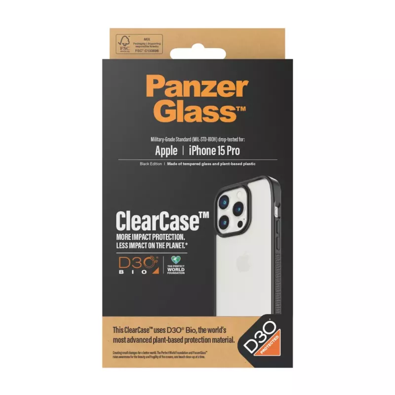 PanzerGlass ® ClearCase priehľadný s čiernym rámom a D3O® pre iPhone 15 Pro