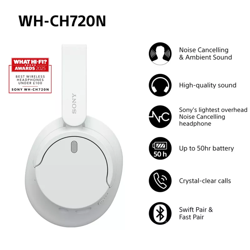 Sony WH-CH720 headset káblový aj bezdrôtový cez hlavu hovory/hudba USB Type-C Bluetooth biely