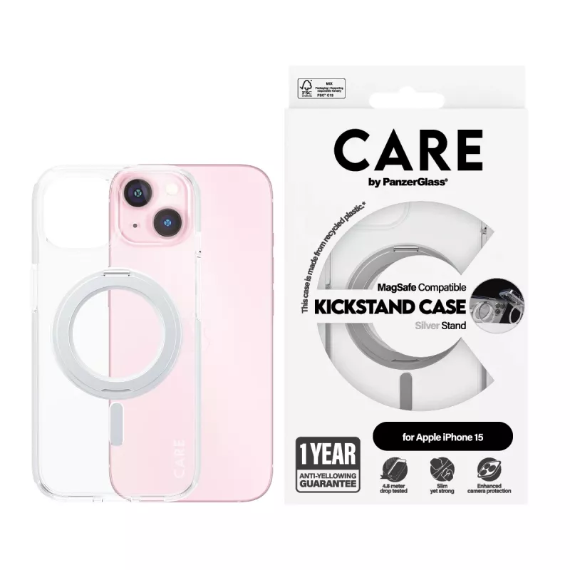 PanzerGlass CARE™ by ® puzdro transparentná s strieborným stojanom & MagSafe iPhone 15