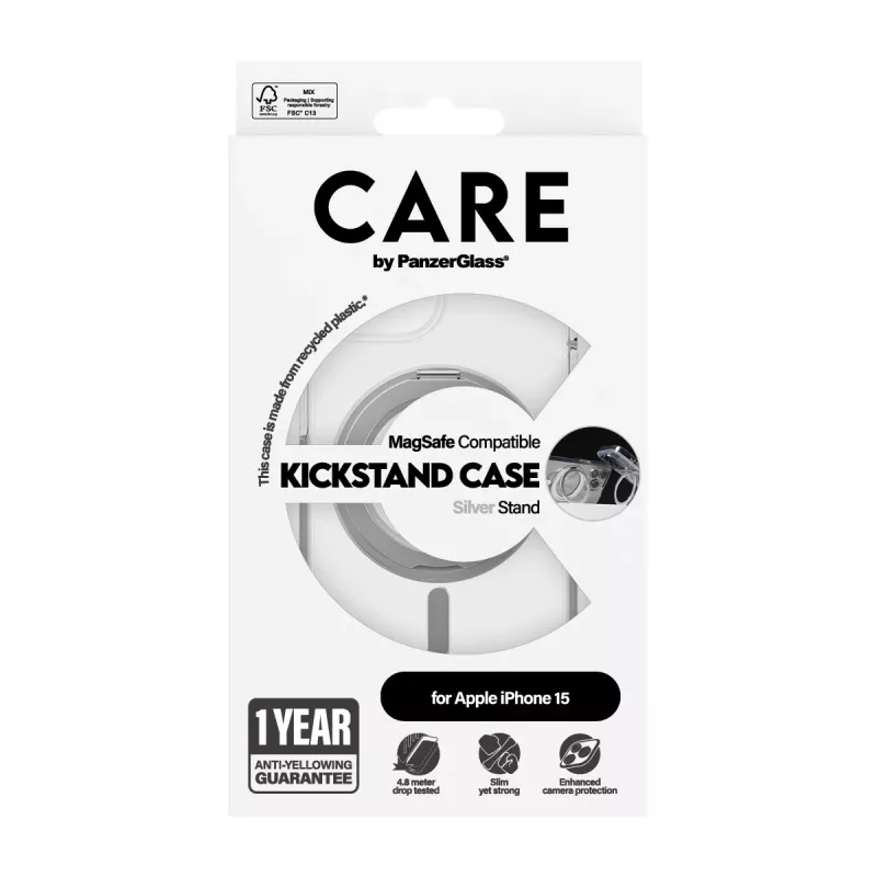 PanzerGlass CARE™ by ® puzdro transparentná s strieborným stojanom & MagSafe iPhone 15