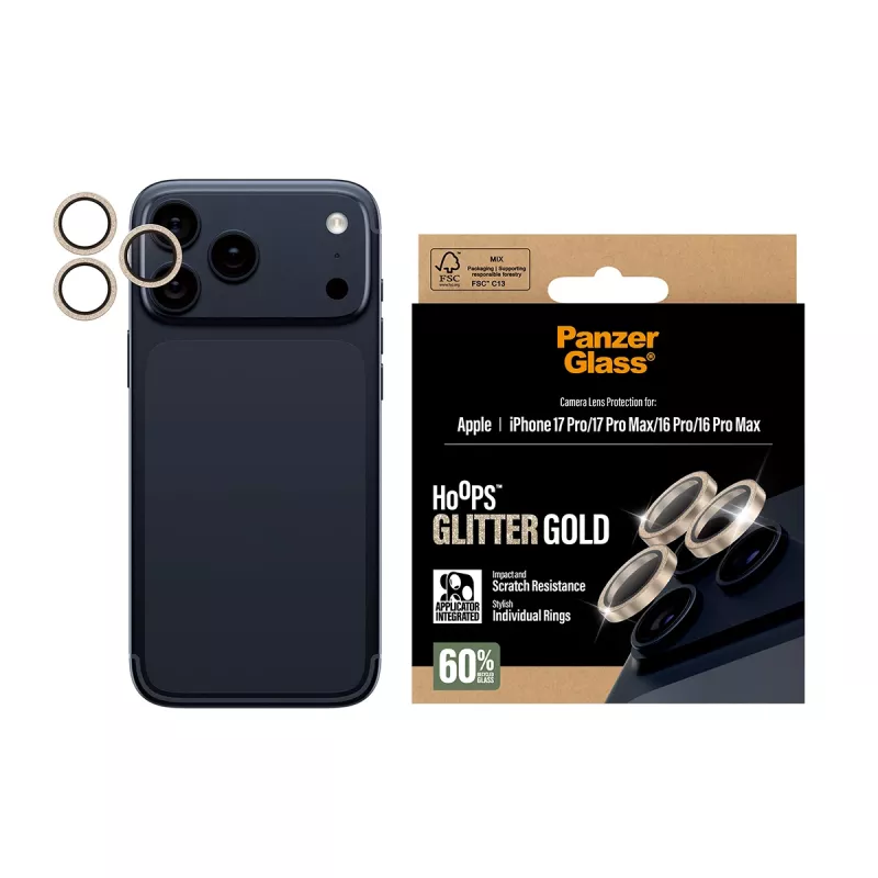 PanzerGlass® Hoops® ochrana objektívu kamery glitre zlatá iPhone 17 Pro | iPhone 17 Pro Max | iPhone 16 Pro | 16 Pro Max