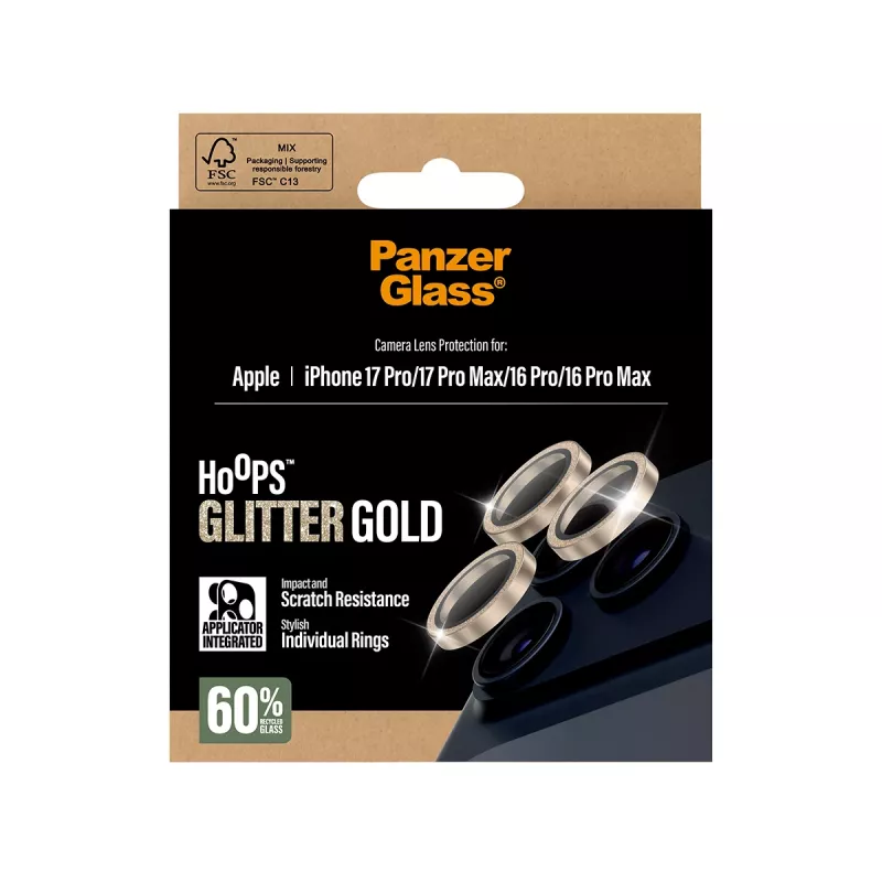 PanzerGlass® Hoops® ochrana objektívu kamery glitre zlatá iPhone 17 Pro | iPhone 17 Pro Max | iPhone 16 Pro | 16 Pro Max