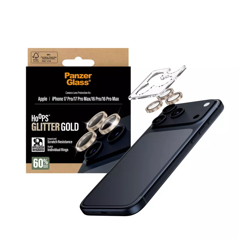 PanzerGlass® Hoops® ochrana objektívu kamery glitre zlatá iPhone 17 Pro | iPhone 17 Pro Max | iPhone 16 Pro | 16 Pro Max