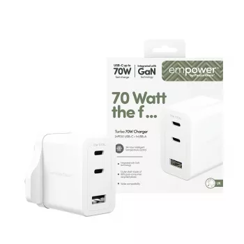 PanzerGlass empower™ by ® Turbo 70W viacnásobná nabíjačka vrátane 2 x USB-C + USB-A | UK konektor | strieborno-biela