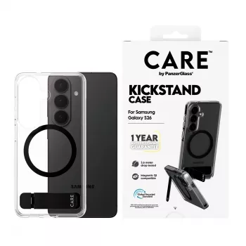 Ochranné puzdro PanzerGlass CARE™ Urban Explorer Case pre Samsung Galaxy S26, transparentné s čiernym stojanom a podporou Qi