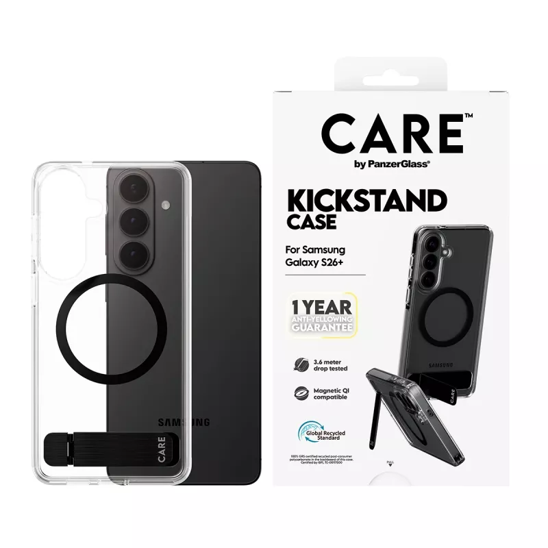 PanzerGlass CARE™ by ® puzdro transparentné s čiernym stojanom a Qi Samsung Galaxy S26+