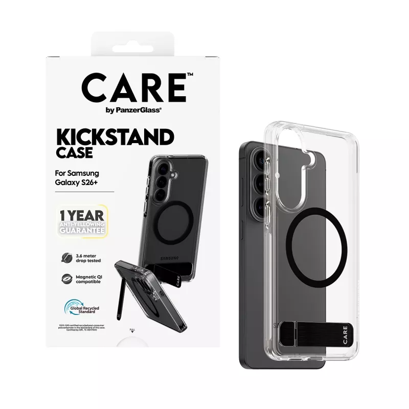 PanzerGlass CARE™ by ® puzdro transparentné s čiernym stojanom a Qi Samsung Galaxy S26+