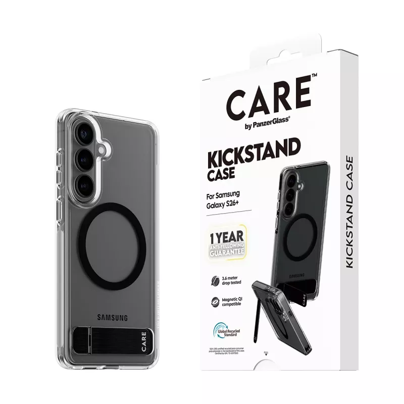 PanzerGlass CARE™ by ® puzdro transparentné s čiernym stojanom a Qi Samsung Galaxy S26+