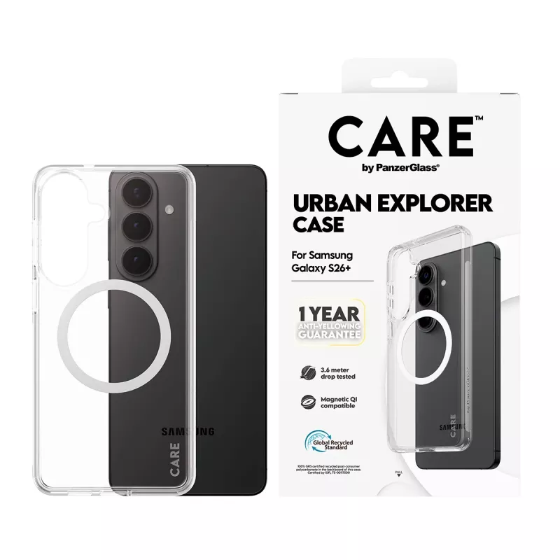 Ochranné puzdro PanzerGlass CARE Urban Explorer Case pre Samsung Galaxy S26+ — transparentné, biele Qi kompatibilné