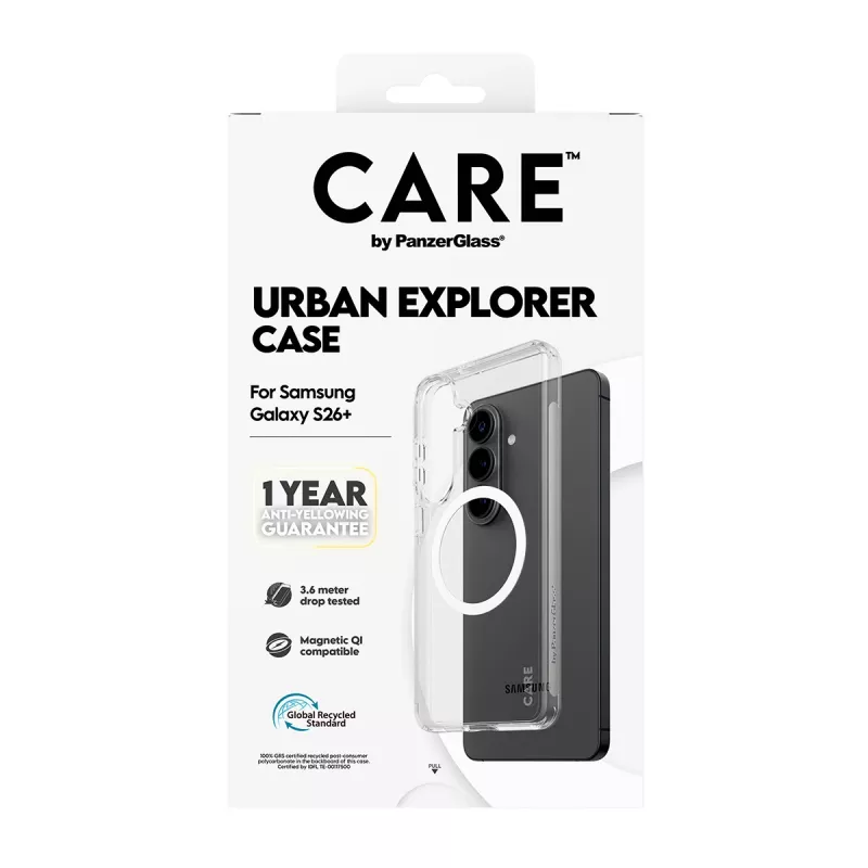 Ochranné puzdro PanzerGlass CARE Urban Explorer Case pre Samsung Galaxy S26+ — transparentné, biele Qi kompatibilné