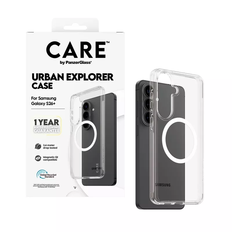 Ochranné puzdro PanzerGlass CARE Urban Explorer Case pre Samsung Galaxy S26+ — transparentné, biele Qi kompatibilné