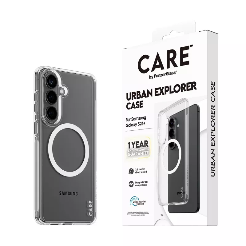 Ochranné puzdro PanzerGlass CARE Urban Explorer Case pre Samsung Galaxy S26+ — transparentné, biele Qi kompatibilné