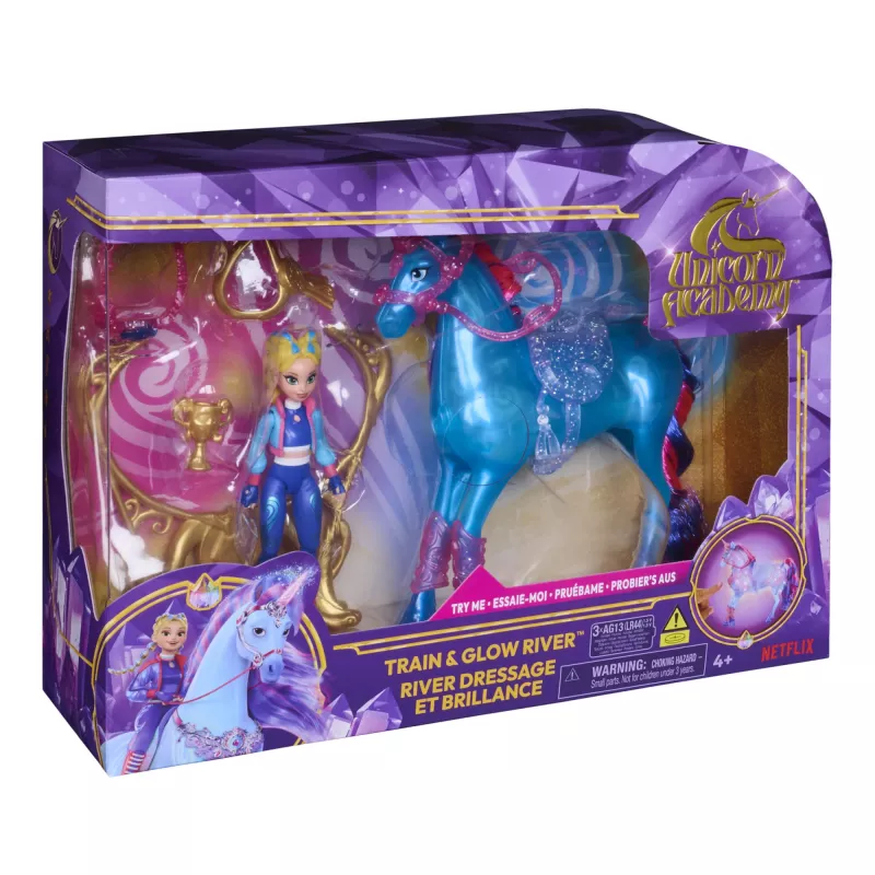 Unicorn Academy, Train & Glow Light-up River jednorožec s Isabel, nápad na veľkonočný darček, bábiky & jednorožec hračka pre dievčatá, obsahuje 3 tréningové doplnky