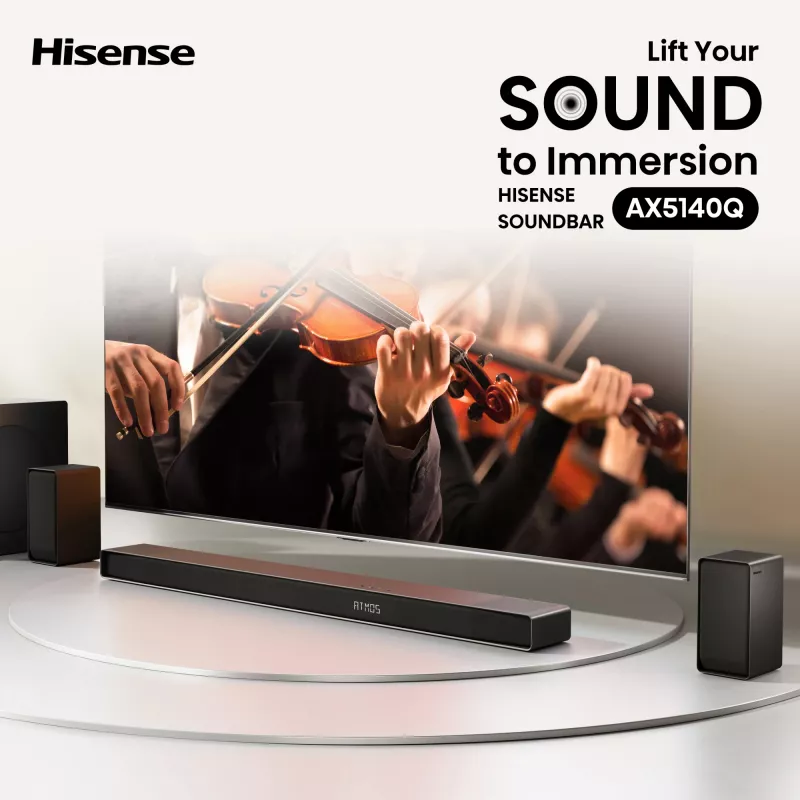Soundbar Hisense AX5140Q 5.1.4 Dolby Atmos, 600 W RMS, bezdrôtový subwoofer 280 W, čierny