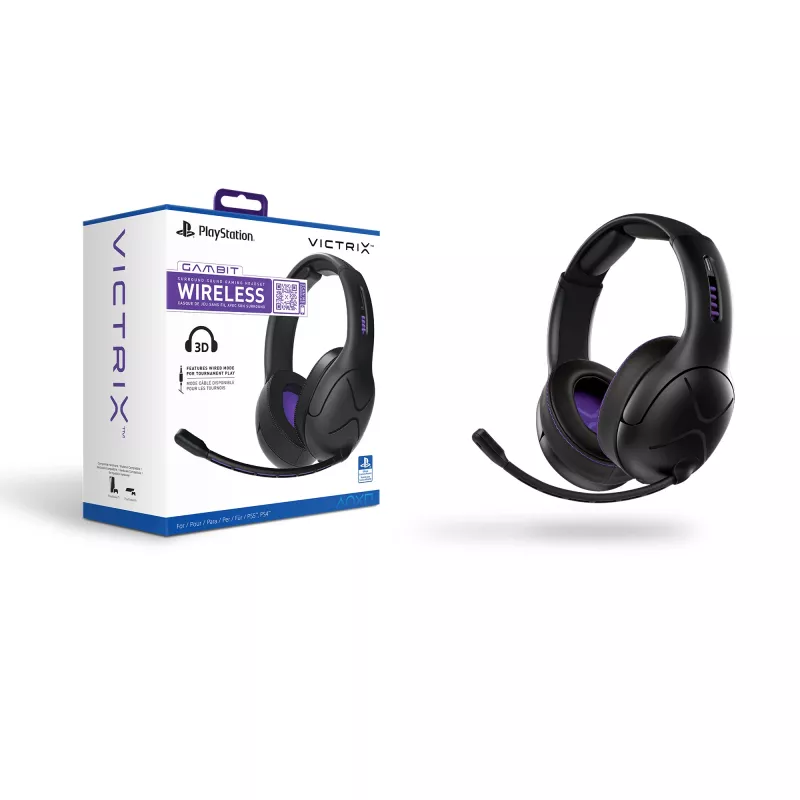 Headset VICTRIX Gambit Wireless — káblový & bezdrôtový, 20–20000 Hz, 2 m kábel, 301 g, čierna/fialová