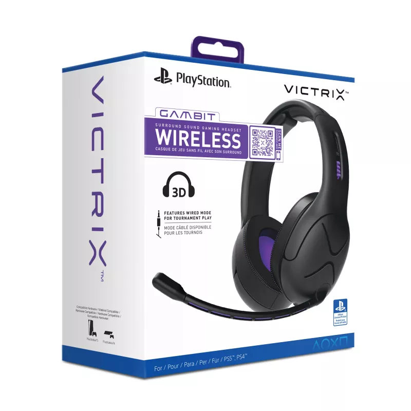Headset VICTRIX Gambit Wireless — káblový & bezdrôtový, 20–20000 Hz, 2 m kábel, 301 g, čierna/fialová