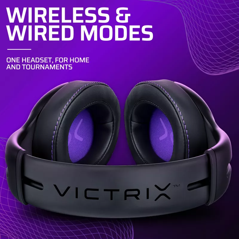 Headset VICTRIX Gambit Wireless — káblový & bezdrôtový, 20–20000 Hz, 2 m kábel, 301 g, čierna/fialová